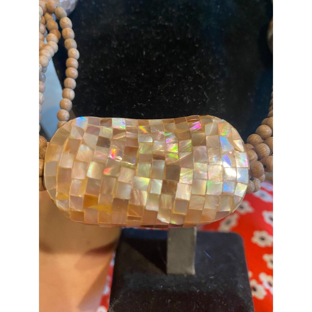 Vintage Mother of Pearl Mosaic Statement Necklace Beaded Multi Strand Wood Shell